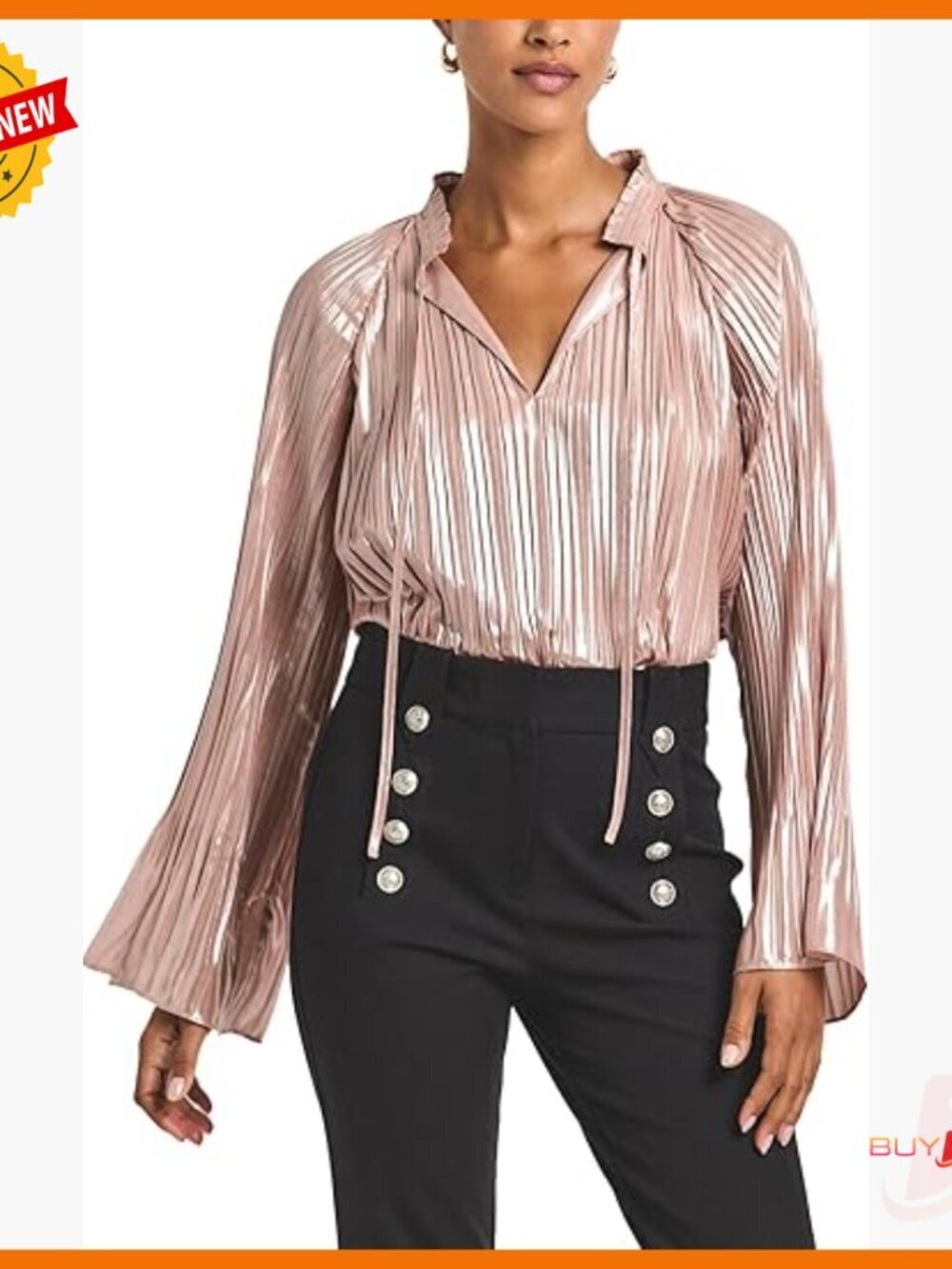 Pleated Foil Georgette Blouse with Fluted Sleeves and Tie Neck